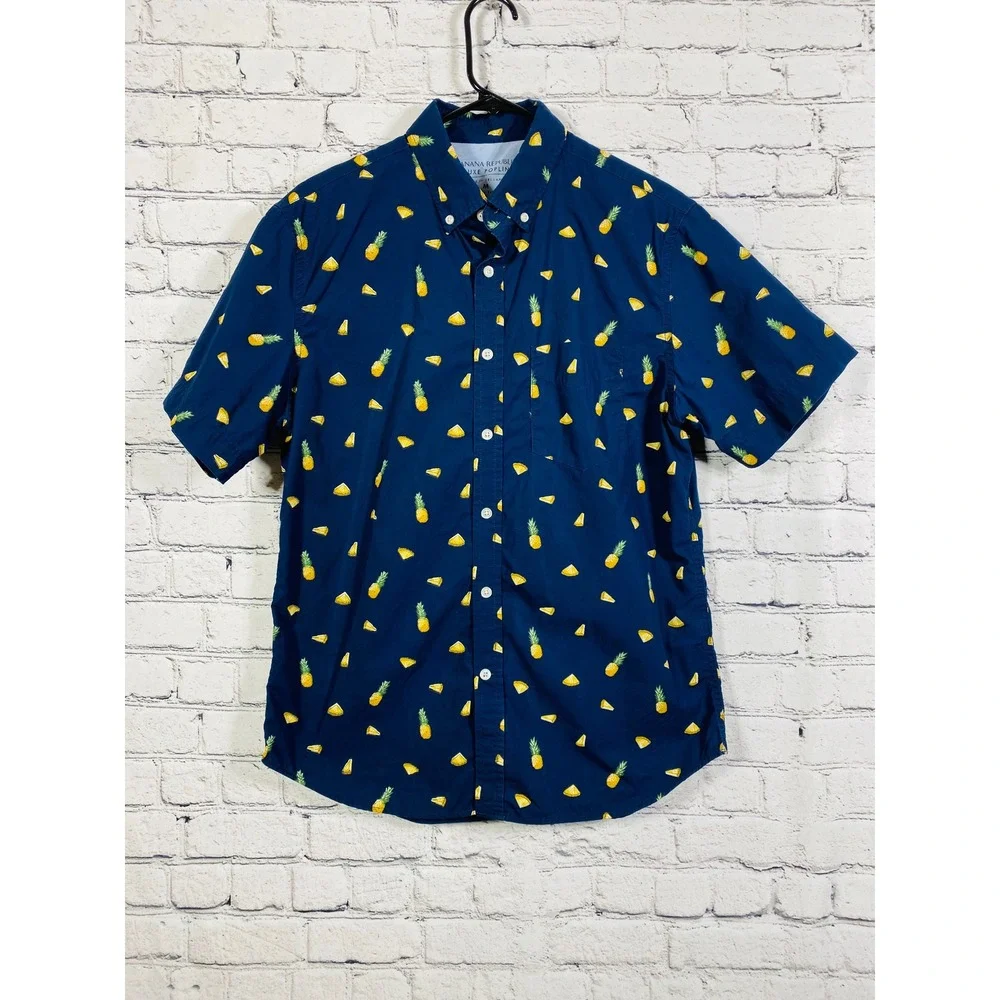 Banana Republic Shirt Mens Slim Luxe Poplin Pineapple Navy Blue M Fruit
